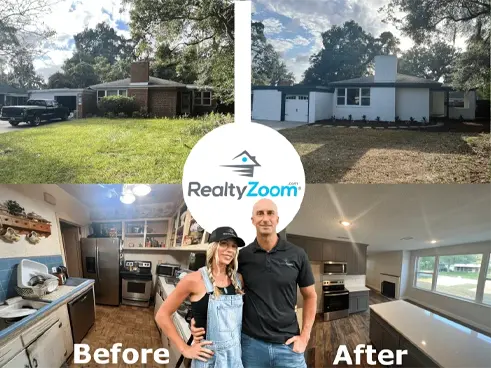 Sell-local-experts Before and after collage showing a brick house and dated kitchen transformed into a modern home by the A Local Buyer team.