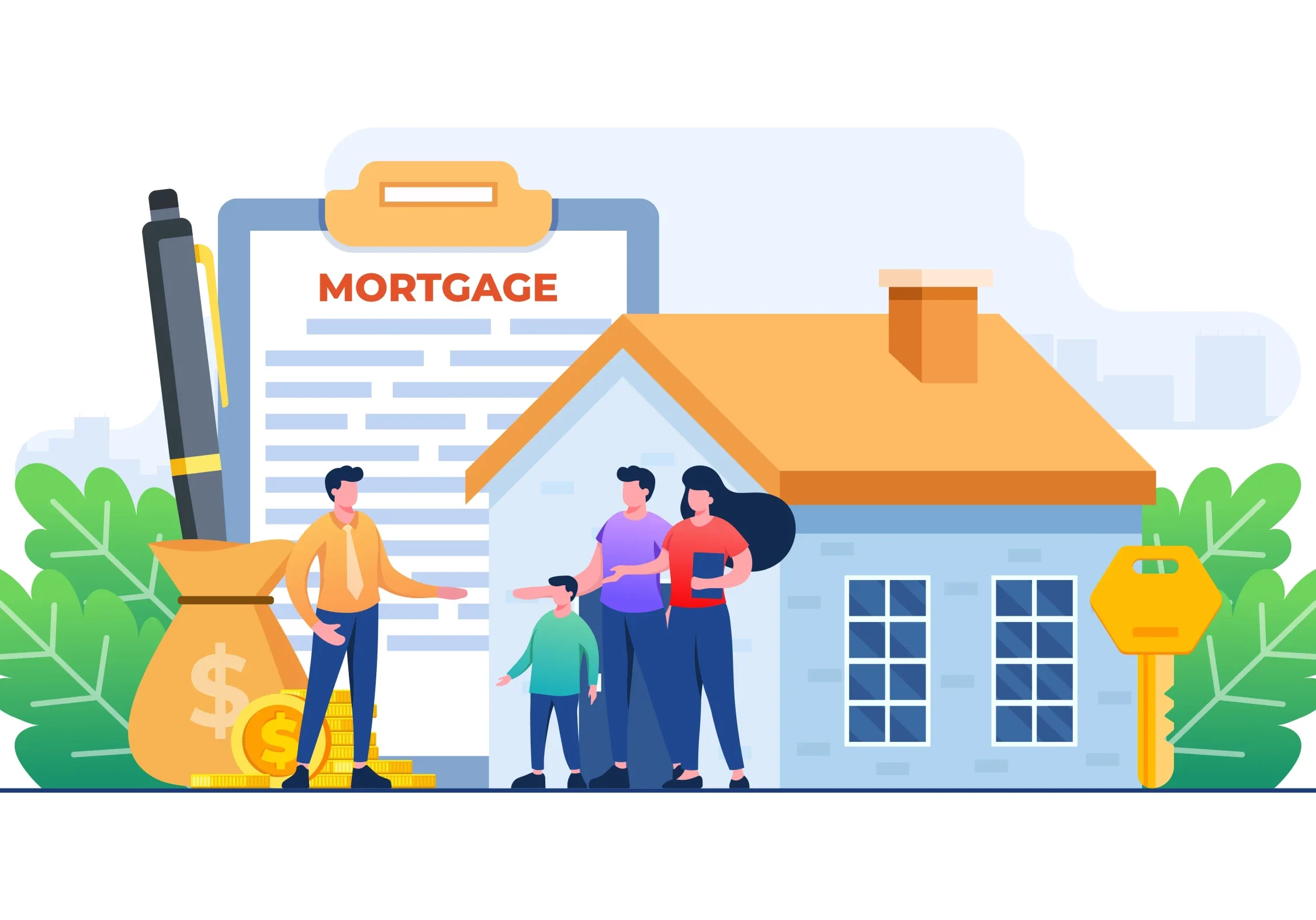 mortgage-debt-relief-graphic-concept.jpg Illustration showing a family, a house, and a mortgage document with a key and gold coins.