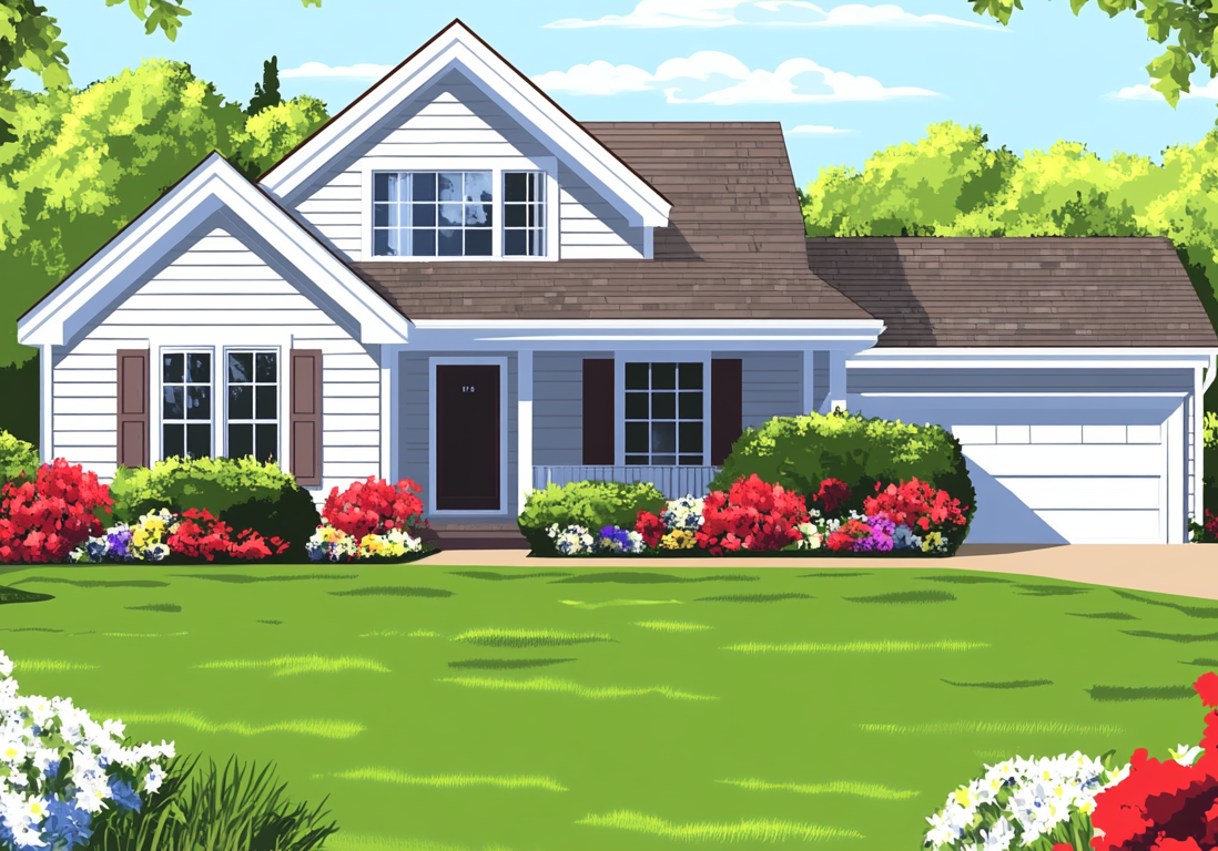 Exterior of a white two-story suburban house with a manicured green lawn and bright blue sky.