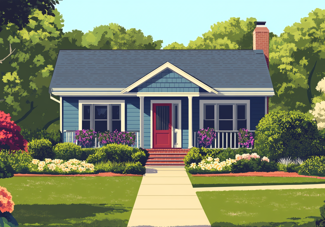 blue-suburban-cottage-curb-appeal.jpg A well-maintained blue cottage-style home with flowers and a white picket fence.