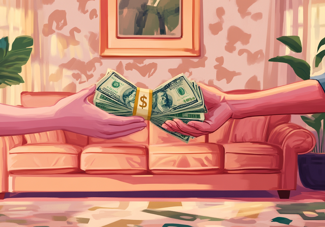 cash-for-houses-instant-payout.jpg Illustration of hands passing a stack of money in a room with a pink sofa.