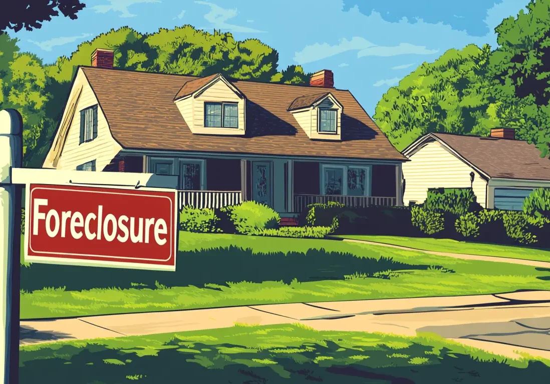 foreclosure-prevention-yard-sign.jpg A suburban home listing with a prominent red "Foreclosure" yard sign.