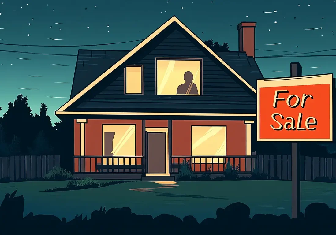 suburban-listing-dusk-blue-sky.jpg A family home listing with a red "For Sale" sign positioned on a green lawn at twilight.
