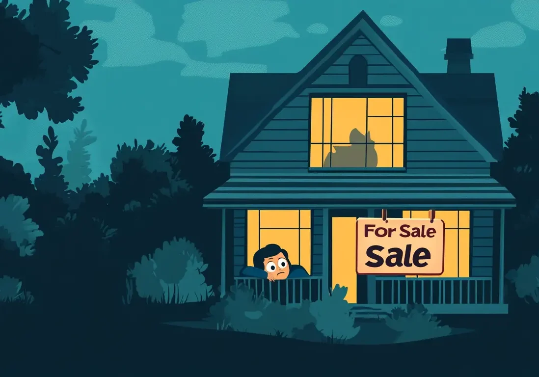 house-listing-lit-windows-dusk.jpg Illustration of a house with glowing windows and a "For Sale" sign under a dark blue green sky.