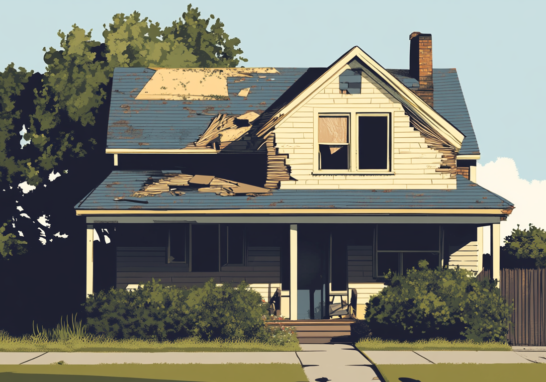 weathered-fixer-upper-house-exterior.jpg Exterior of an older, weathered house with visible signs of exterior neglect and a damaged roof.