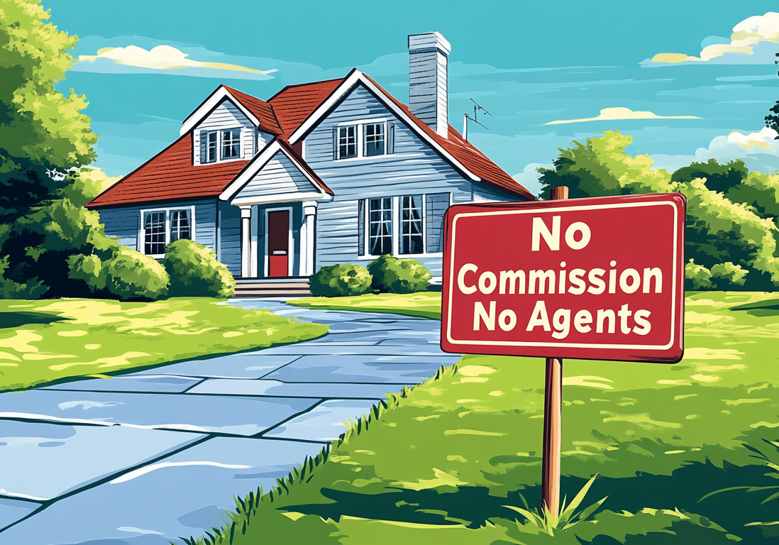 direct-sale-marketing-yard-sign.jpg A suburban house listing with a prominent red yard sign stating "No Commissions No Agents."