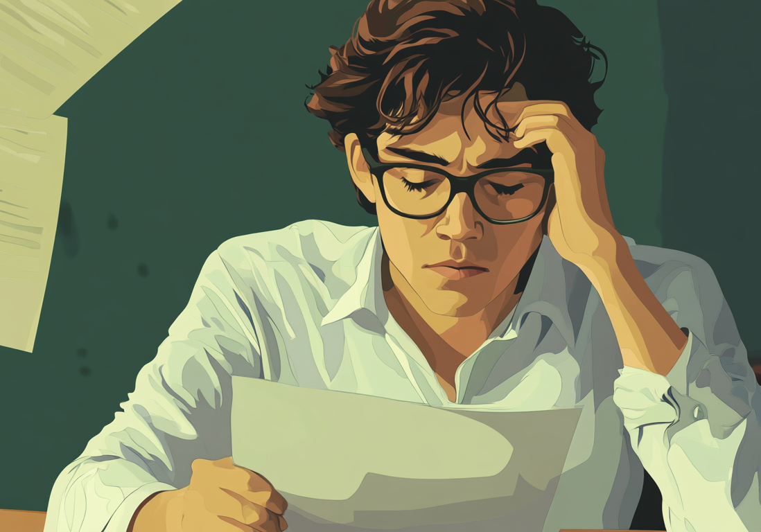 homeowner-overwhelmed-calculating-debt.jpg A man sitting at a desk looking distressed while reviewing legal papers and files.