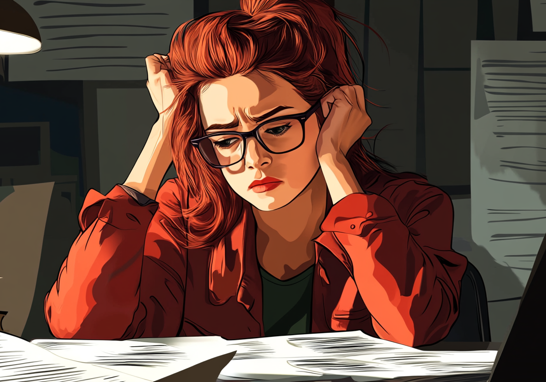 frustrated-homeowner-financial-paperwork.jpg Illustration of a woman at a desk with her head in her hands, surrounded by stacks of files and documents.